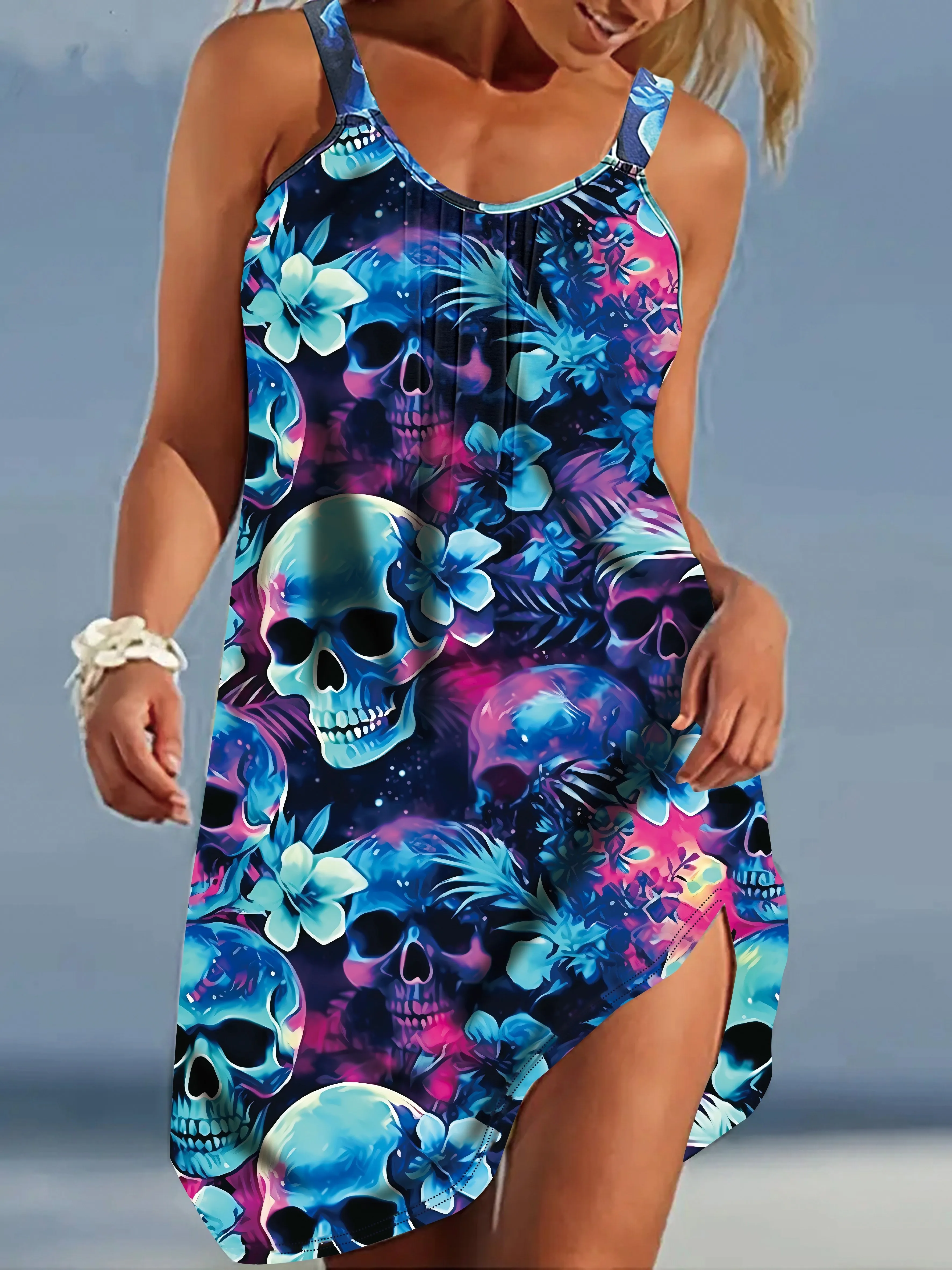 Plus size summer trendy women's casual and fashionable gothic print V-neck strap skull head short dress