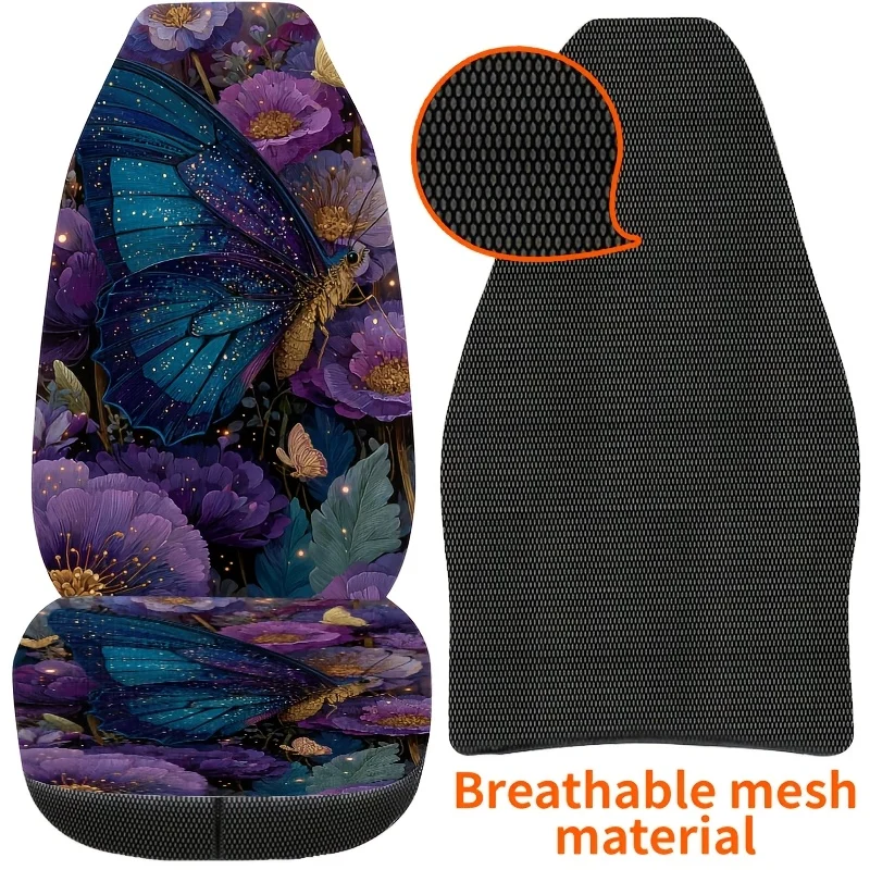 Two Butterfly Dance Floral Print Car Seat Covers, Easy To Clean, Unisex Front Seat Protectors For Cars, Stylish Automotive Addit