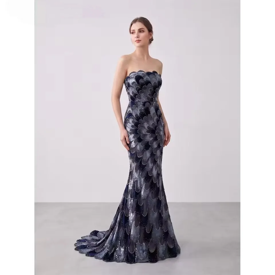 Sansa Customized Contrast Color Strapless Prom Dresses Floral Shape Waist Cinching Vestidos De Noche Floor Length Formal Evening