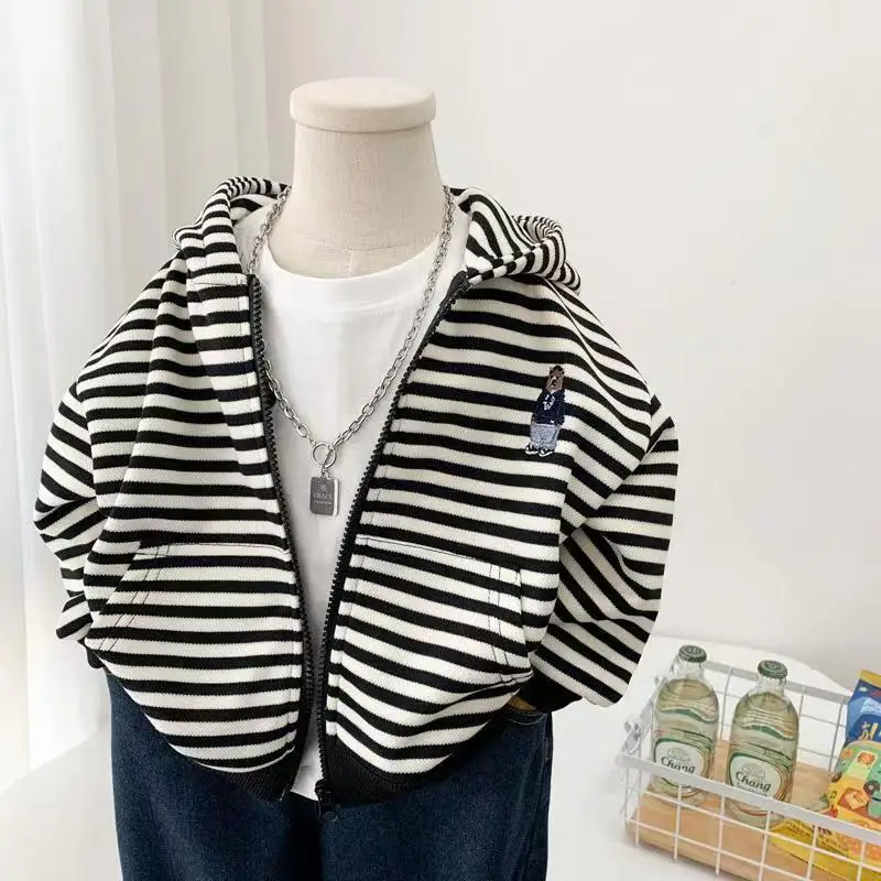 

2-9Y Boys' Striped Zipper Jacket Spring and Autumn 2025 New Korean Children's Casual Hoodie Thin Cardigan Coat Baby Girl Clothes