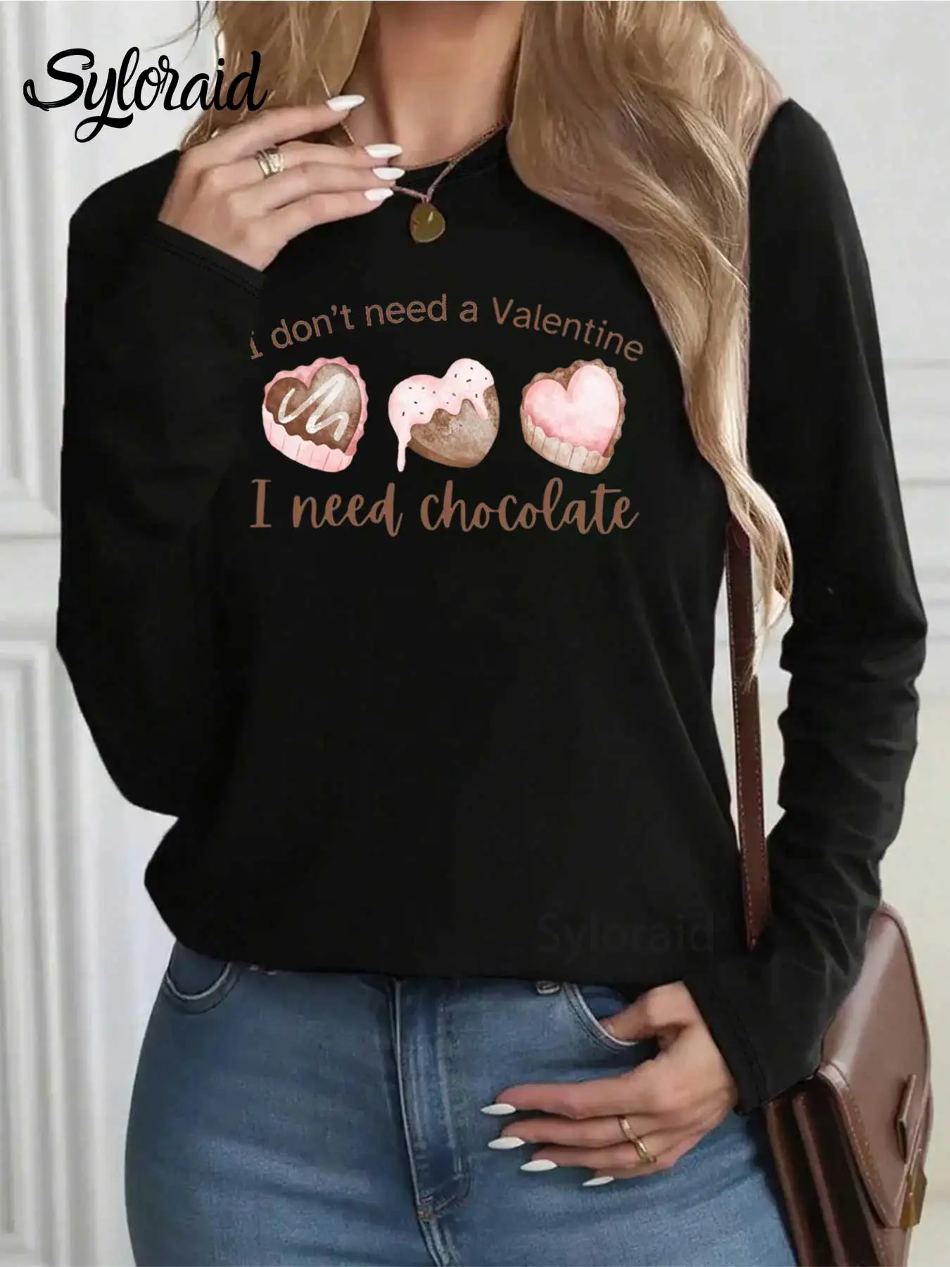 여성용 긴 소매 티셔츠 핑크 발렌타인 데이 하트 초콜릿 프린트 티셔츠 패션 라운드 넥 캐주얼 탑