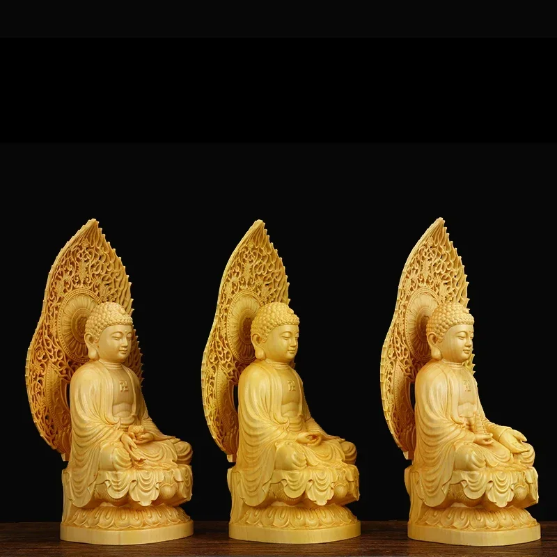 3 Pc/ Set High Quality Shakyamuni Solid Boxwood Wood Statue Handmade Carving Sculpture Home Decor