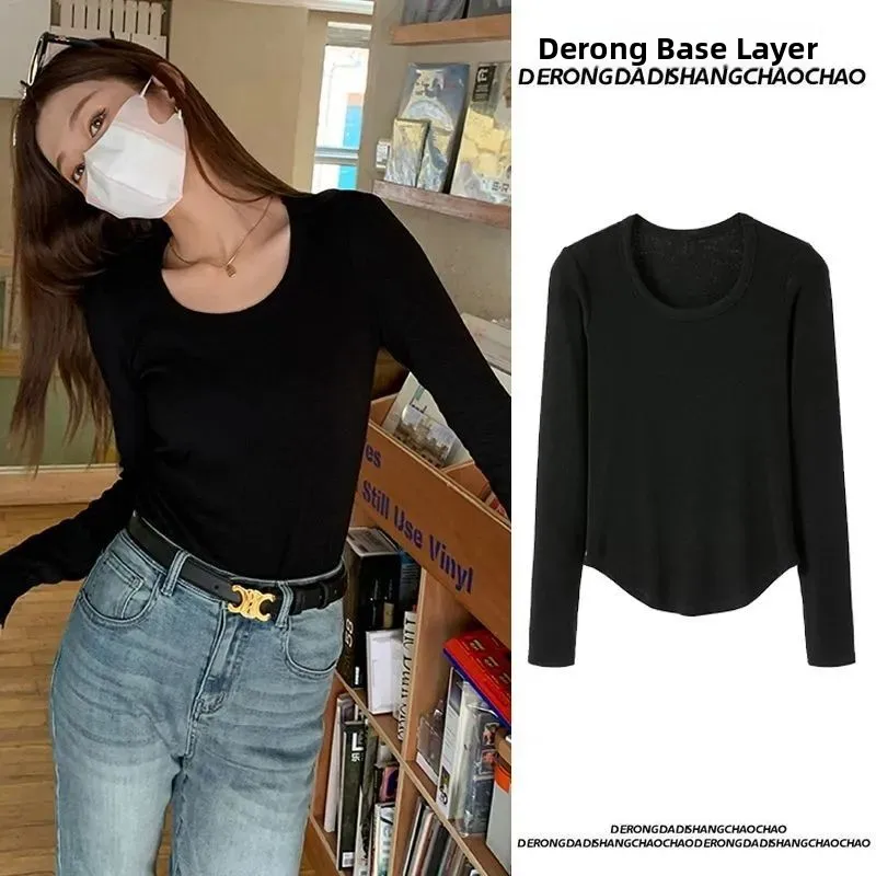 Ultra Soft Warm German Velvet Women's Base Shirt Autumn Winter New Style Pure Desire Hem Arc Warm Inner Wear Slim Fit Trendy