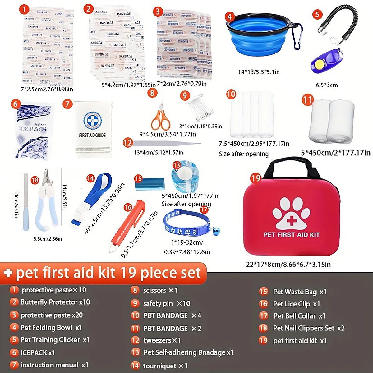 A portable pet first aid kit: provides emergency travel supplies for dogs and cats - including scissors, tweezers, etc.