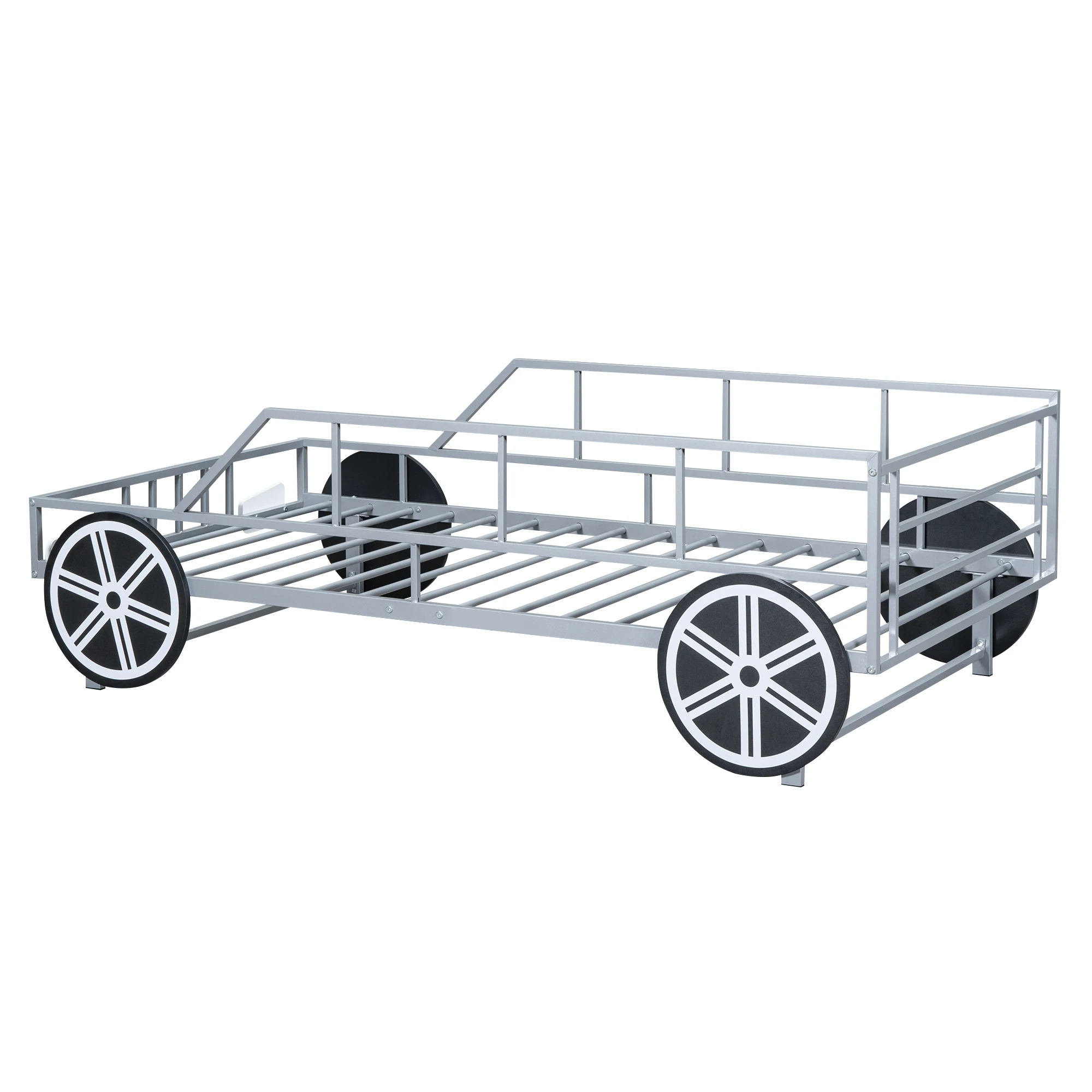 Auto-förmiges Plattform bett aus Metall in Doppel größe mit Rädern und Scheinwerfer dekoration, Silber