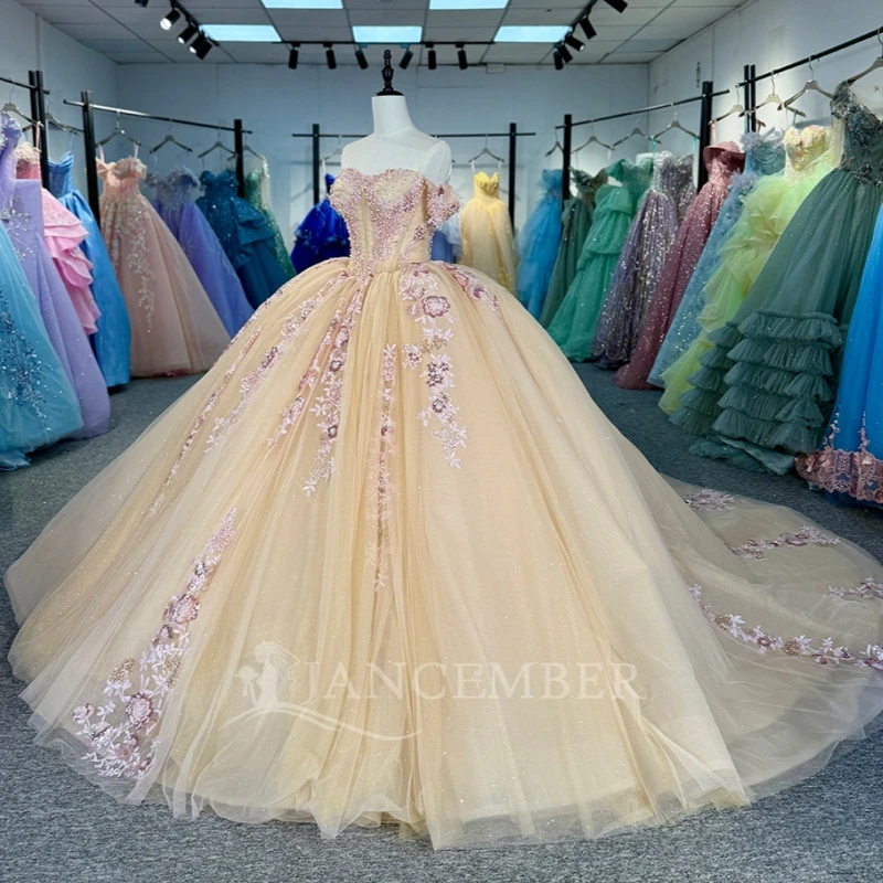 

Блестящие платья Quinceanera цвета шампанского с открытыми плечами и аппликацией из блесток, кружевное тюлевое платье с бисером для вечеринки, дня рождения, сладкое платье 16, Vestido