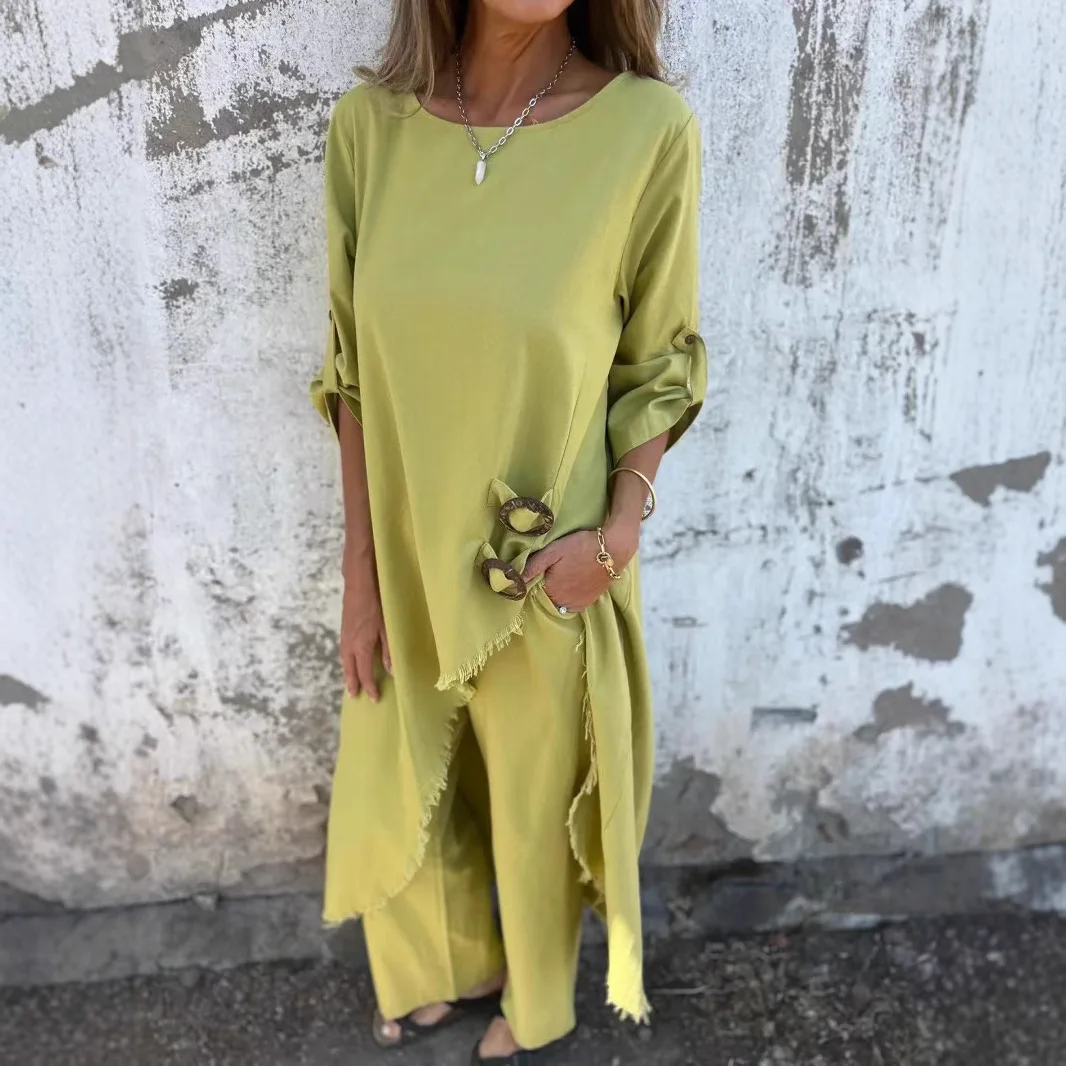 

Pant Set Women Two Piece Sets Matching Sets Y2k Streetwear Mid Length Tops Wide Leg Long Pants High Waist Casual Loose Solid