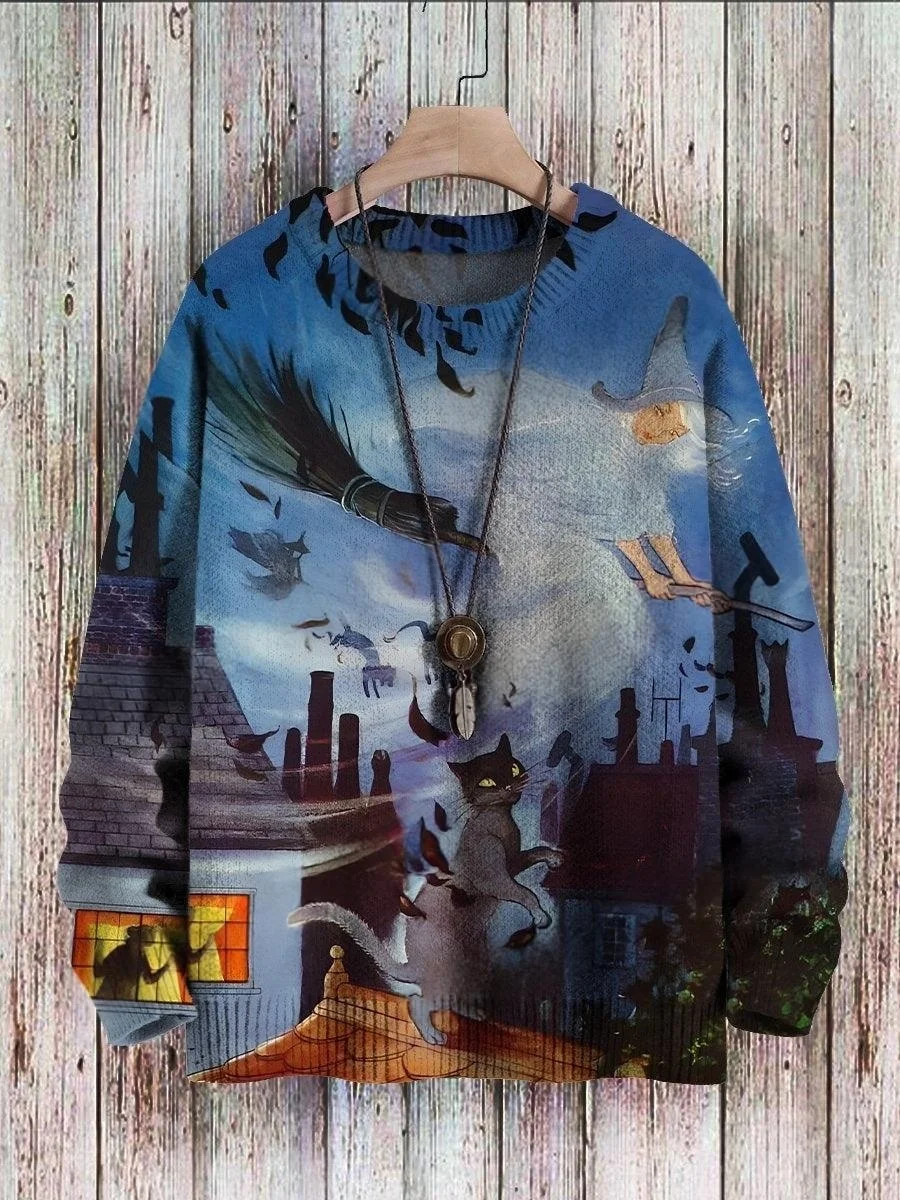 Halloween-Schloss, schwarze Katze, Geist, Retro-Kunst, 3D-Druck, Herren-Strickpullover, Winter, Unisex, lässiger Strickpullover. – Detail 8