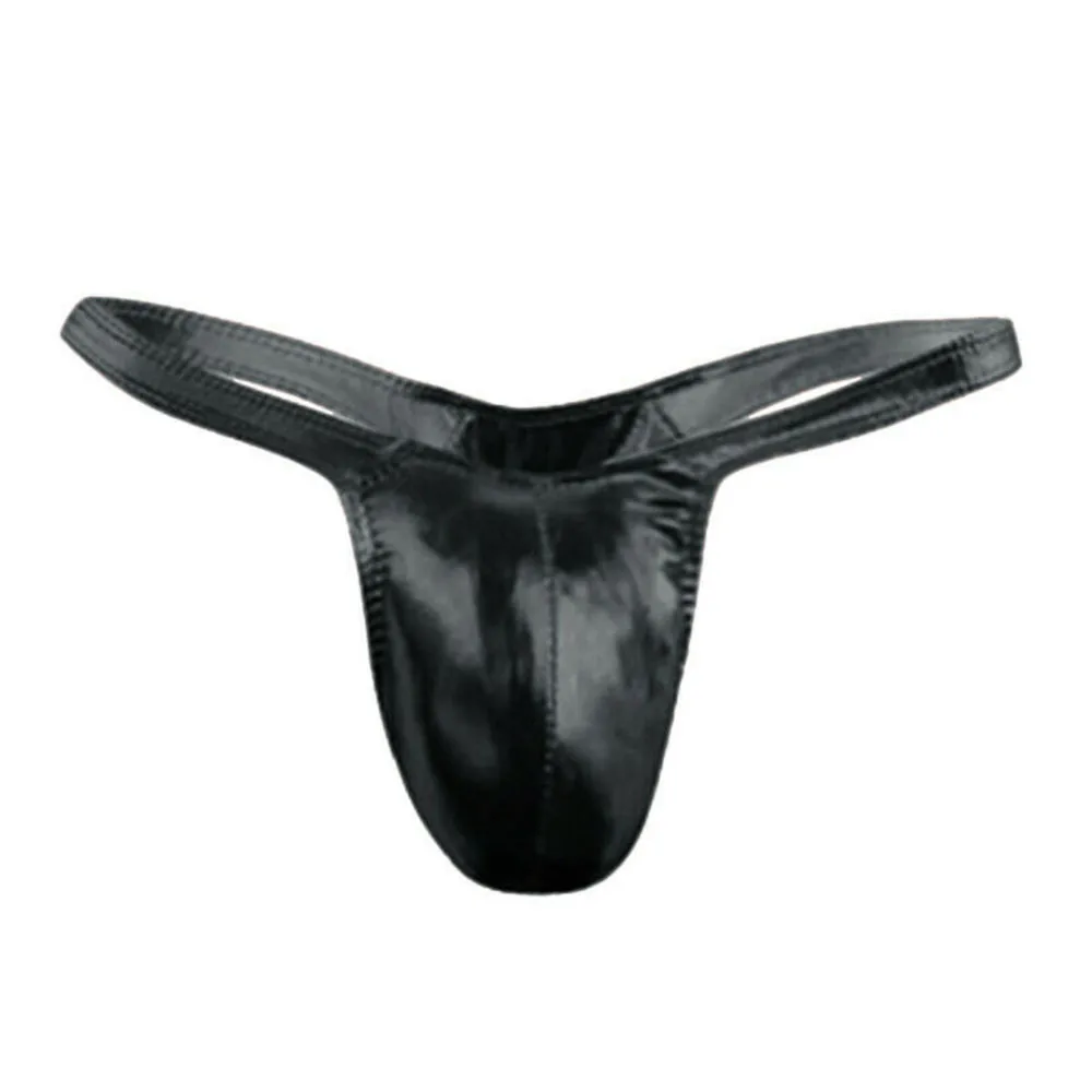 1pc Sexy Men\'s Imitation Leather Bulge Pouch Briefs Thongs Underwear Low Waist T-Back G-Strings Underpants Male Panties