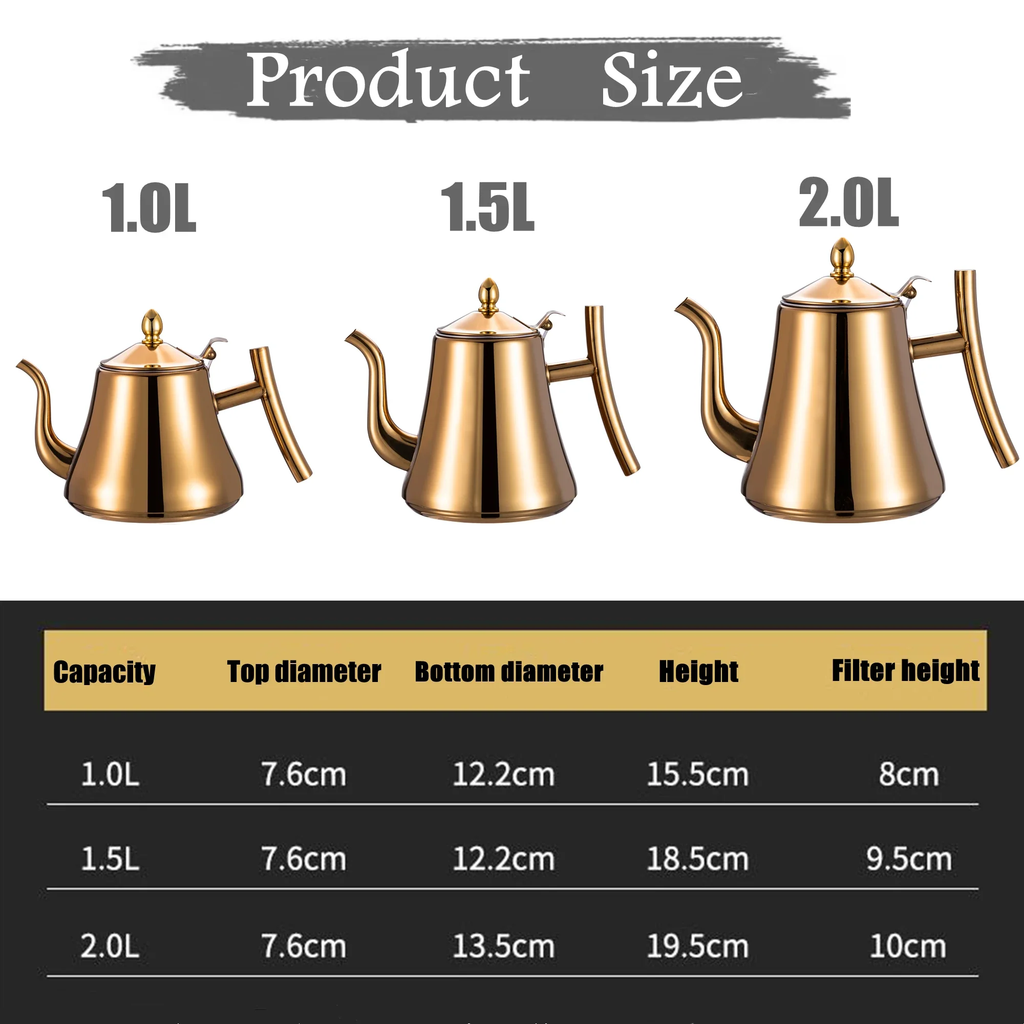 1.0L/1.5L/2.0L Stainless Steel Teapot, Tea Kettle with Removable Infuser for Loose Flower Tea Coffee Kettle for Stovetop Safe