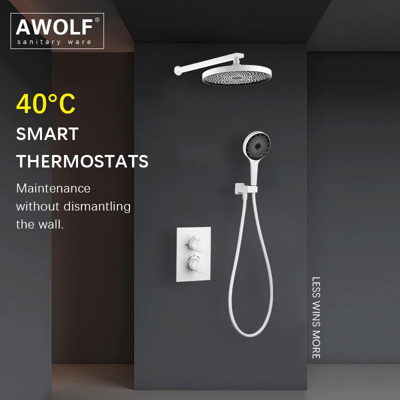 Awolf Bathroom White 40°C Smart Thermostatic Shower System Solid Brass Wall Mounted Split Embedded Bath Shower Mixer Set AH3060