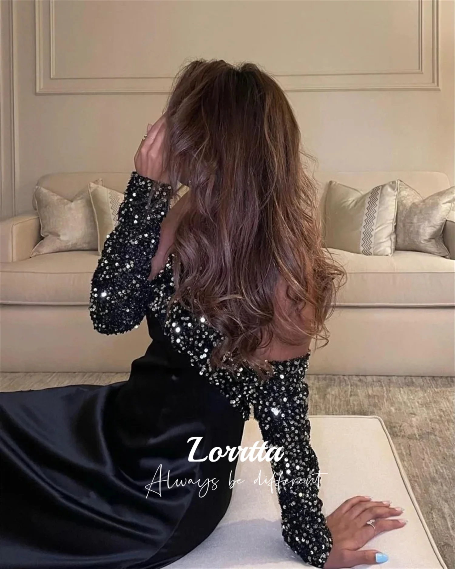 Lorrtta Black Satin Prom Dresses Saudi Arabia Dubai Women Wear Sequins Long Sleeves Strapless Evening Party Wedding Guest Gown