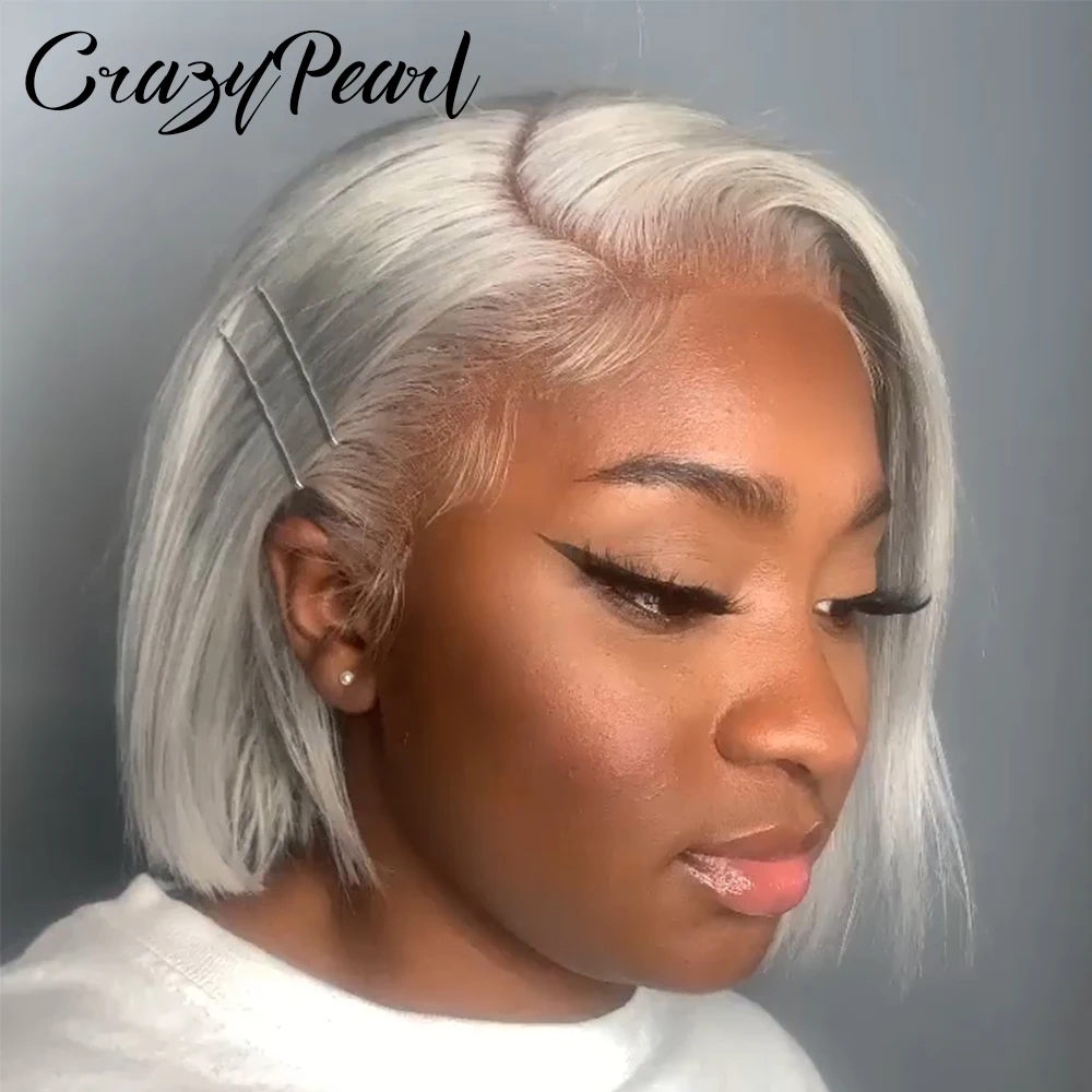 

Серые парики CrazyPearl из 100% натуральных человеческих волос для чернокожих женщин, 13X4 HD Lace Frontal, без клея, короткие прямые