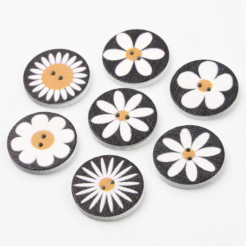 50pcs 15/20/25mm mix Flowers Wooden Round Buttons Accessories For Needlework Clothing Handicraft Scrapbook DIY Sew Decorative