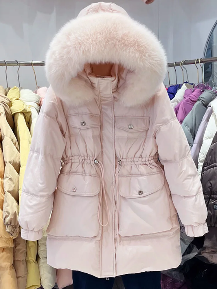 

2024 New Winter Women Real Fox Fur Collar Thick Warm Puffer Coat Hooded Down Jacket Luxury Outwear Female Loose Parkas