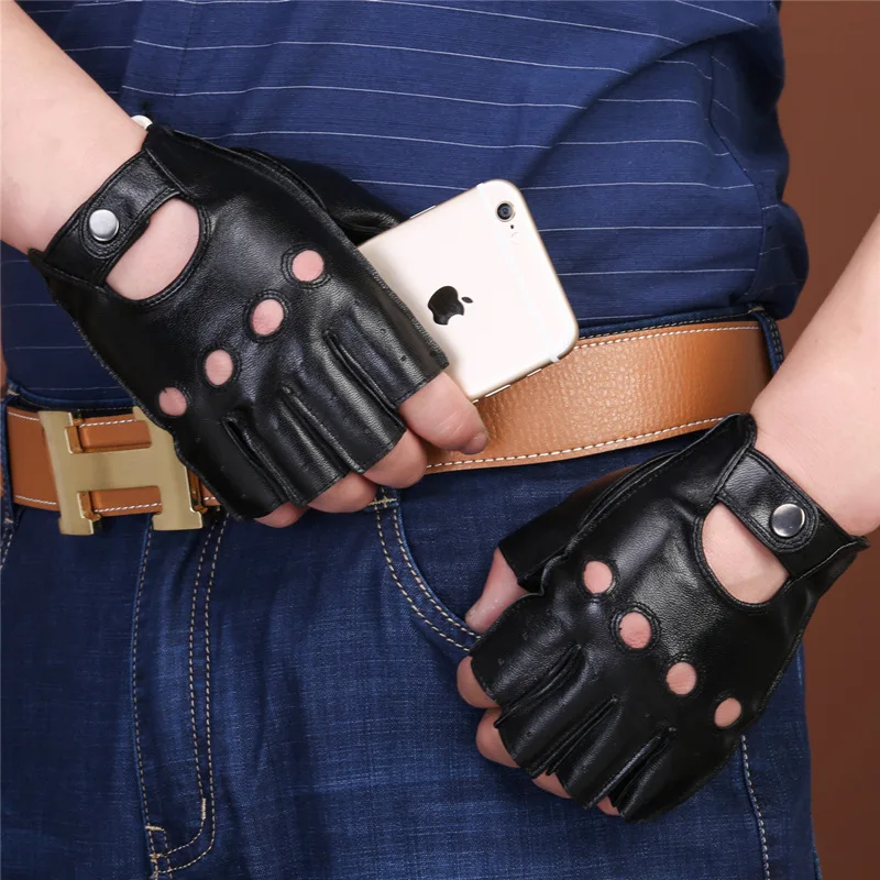 Genuine leather gloves with half finger breathable retro motorcycle wear resistant fitness outdoor motorcycle riding gloves