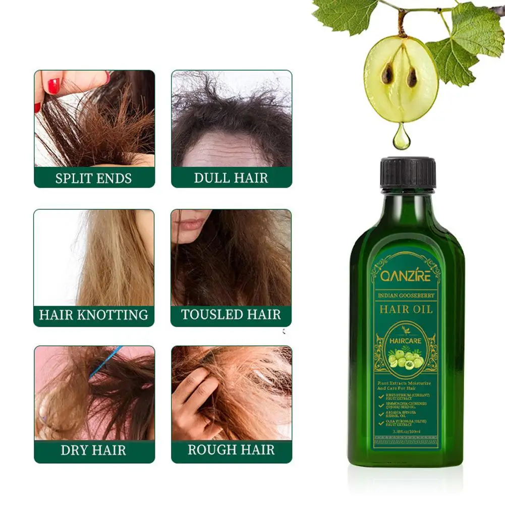 Huile essentielle de soin des cheveux à base de plantes pures de groseille indienne, nourrit, brille, répare les racines des cheveux noirs endommagés, 100ml