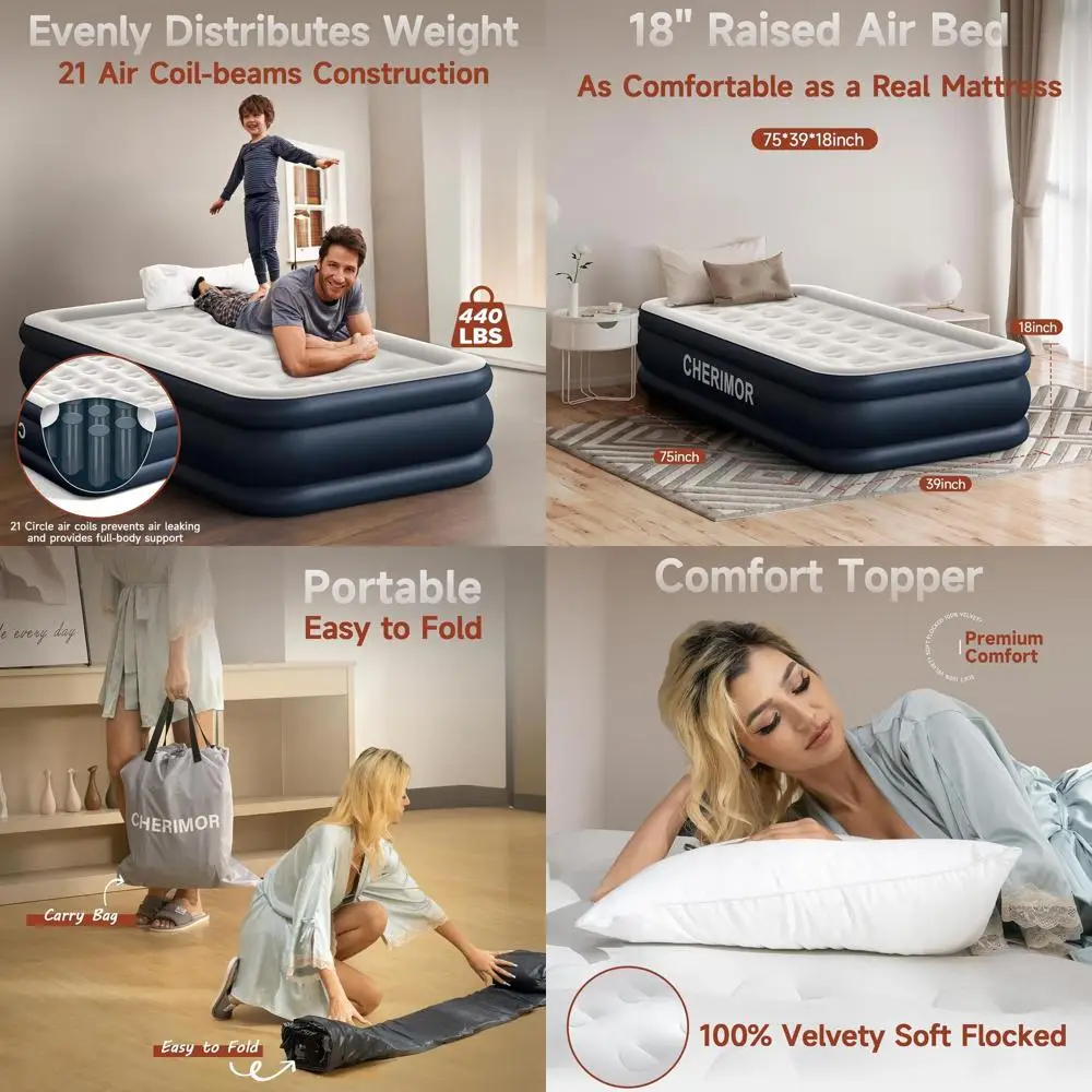 

Portable Self-Inflating Air Mattress with Pump, 18 Thick, 440lb Capacity, Inflatable Bed for Camping, Guests, and Home Use