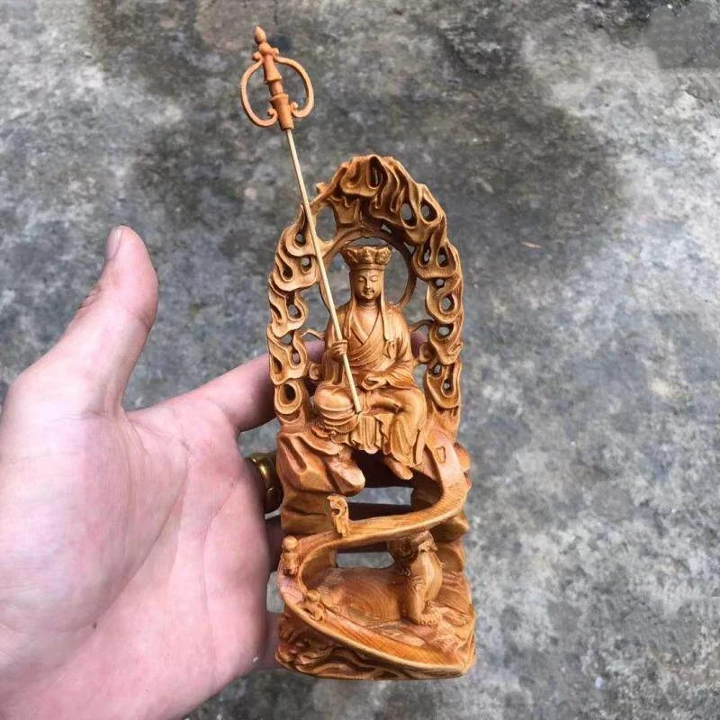 Cliff cypress wood carving Ksitigarbha Bodhisattva figure Buddha statue decoration home feng shui auspicious desktop decor craft