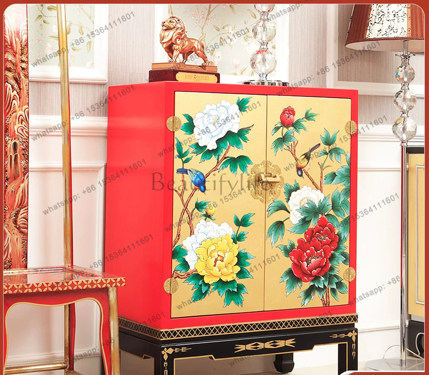 New Chinese classical painted gold foil peony cabinet custom solid wood retro furniture