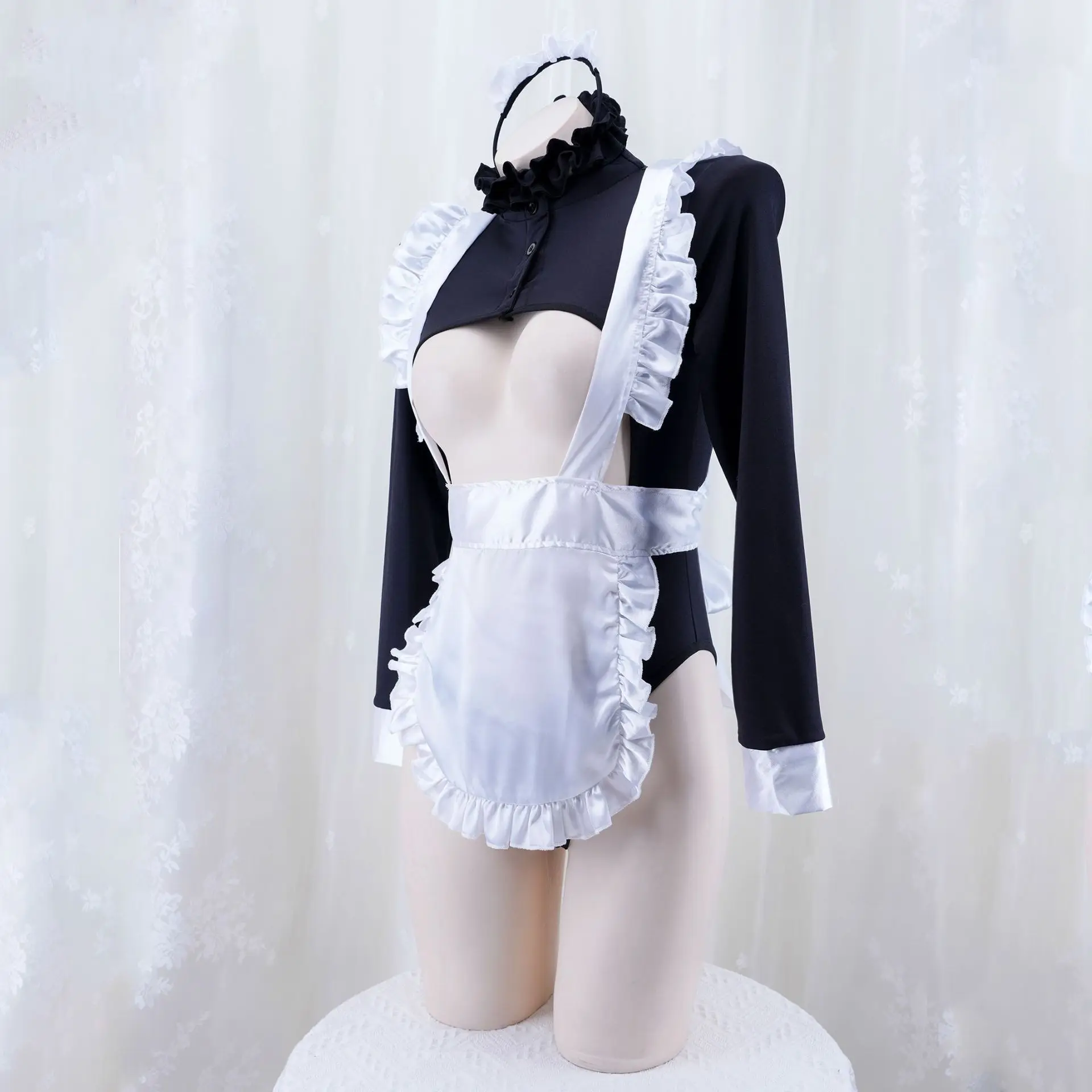 Costume de femme de chambre évidé à fourche haute, coupe ouverte sexy, uniforme de femme de chambre à manches longues, cosplay de jeu de plis, fête de nuit, anime