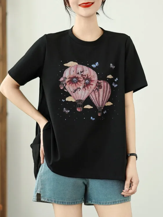 ort Sve T-irt レディース 夏新作 韓国風 ラウンドネック バルーンプリント シフォン プリーツ スプライシング 細見えトップス