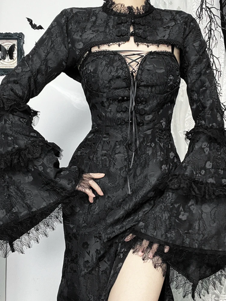 AltGoth Vintage Gothic Smock Wome Dark Streetwear ความงามลูกไม้ Patchwork Jacquard Lare Sleeve Crop Top Partywear เสื้อผ้าอินดี้