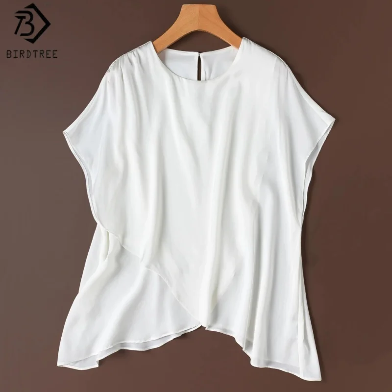 Birdtree, 19MM 93% Silk 7% Spandex Tshirt, O-neck Short Sleeve Tops, Women's Double Qiao Solid Shirt, 2026 Summer New T67406JF