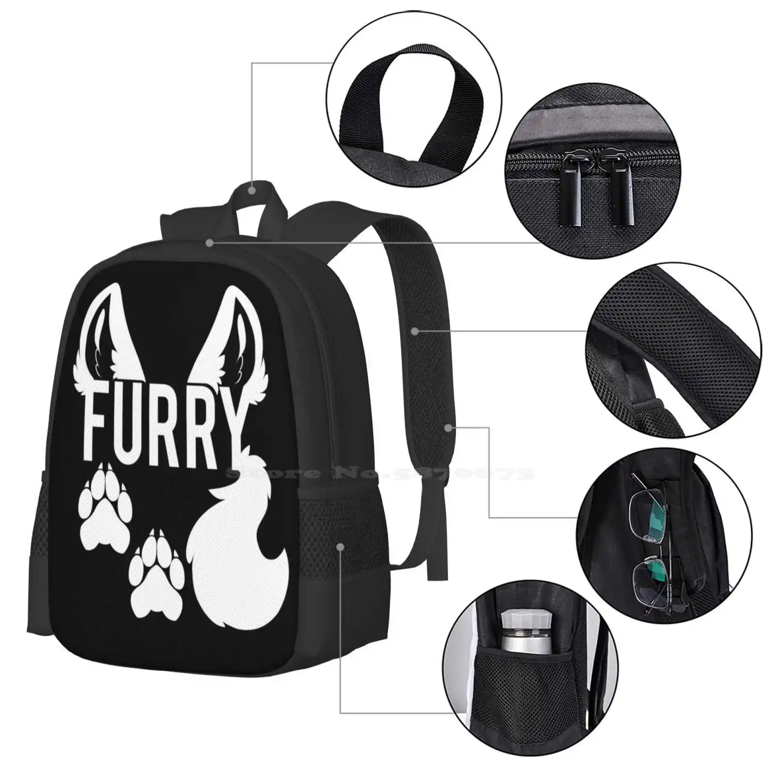 Furry-White Text - Pattern Design Laptop Travel School Bags Furry Anthropomorphic Anthropomorphism Furries Fluffy Nose Ears