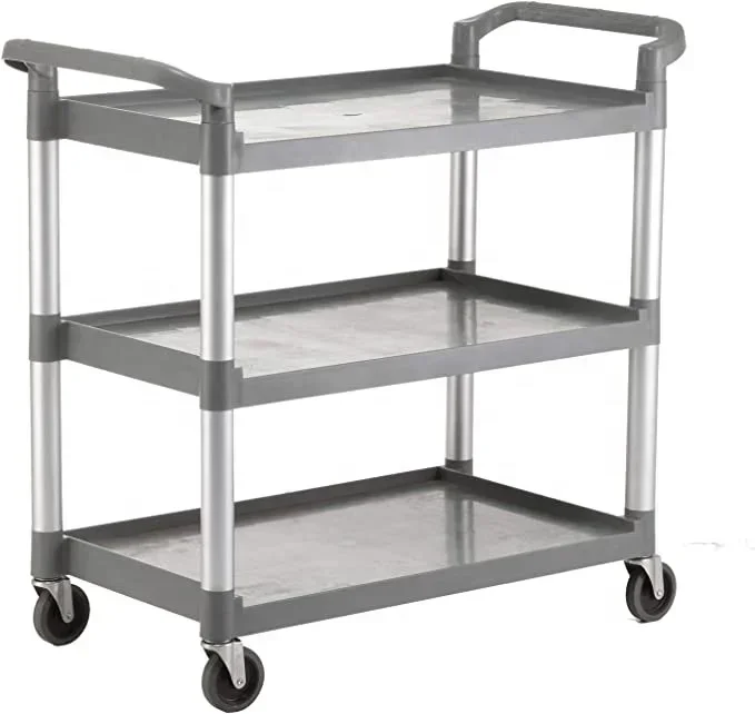 Restaurant Service Cart 3-Shelf Rolling Service Utility Push Handcart with Locking Casters 3 Tier Trolley for Hotel