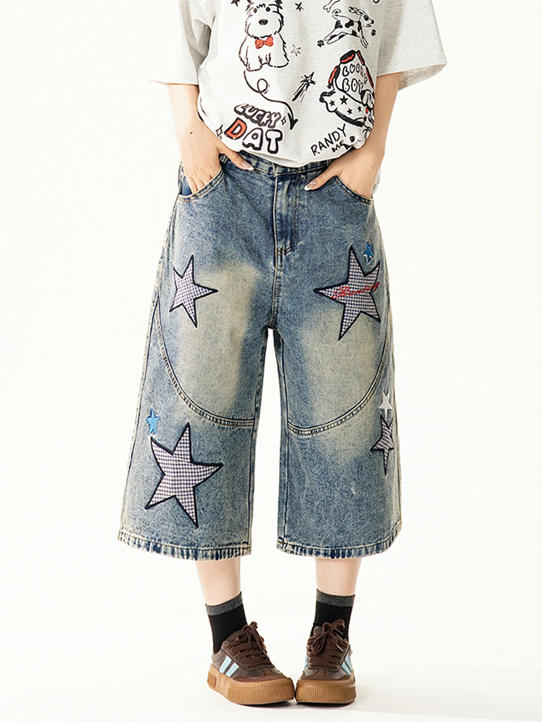 

Retro American Star Embroidery Denim Seven-Foot Pants Women Summer Loose Casual Versatile Wide-Leg Shorts Street Style ...