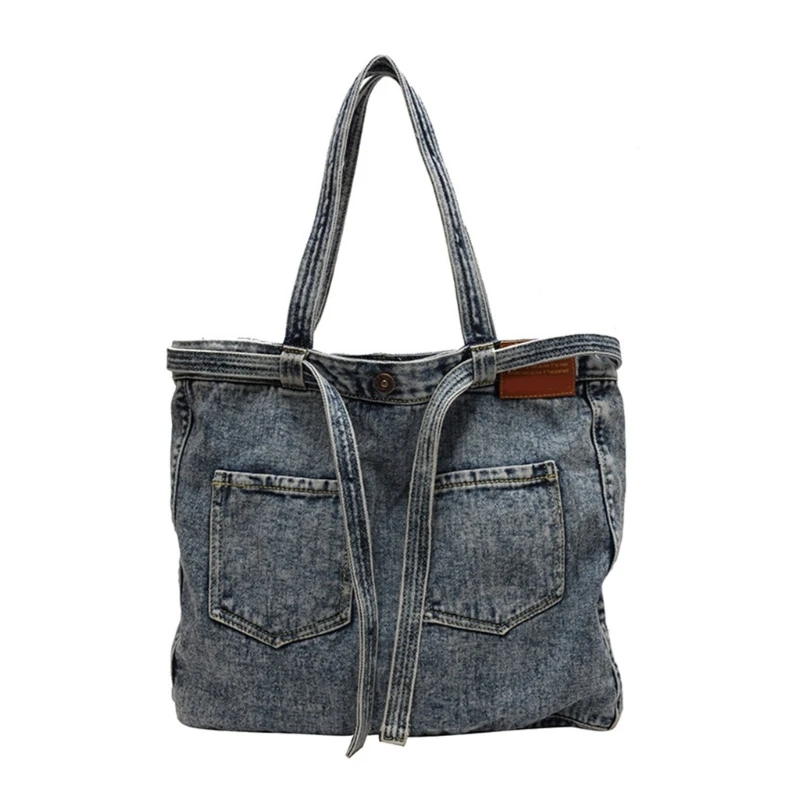 Fashionable Jeans Shoulder Bag for Women Letter Embroidery Denims Handbag with Double Handle for Shopping and Travel