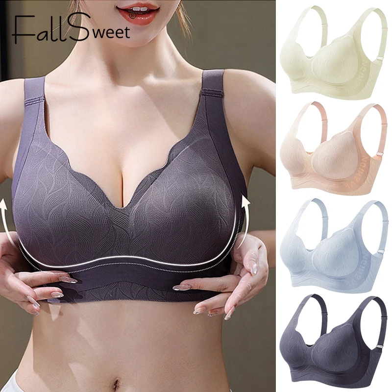 FallSweet Plus Size Wireless Push Up Bra for Women Seamless Full Coverage Scalloped Bralette Comfortable Brassiere Sexy Lingerie