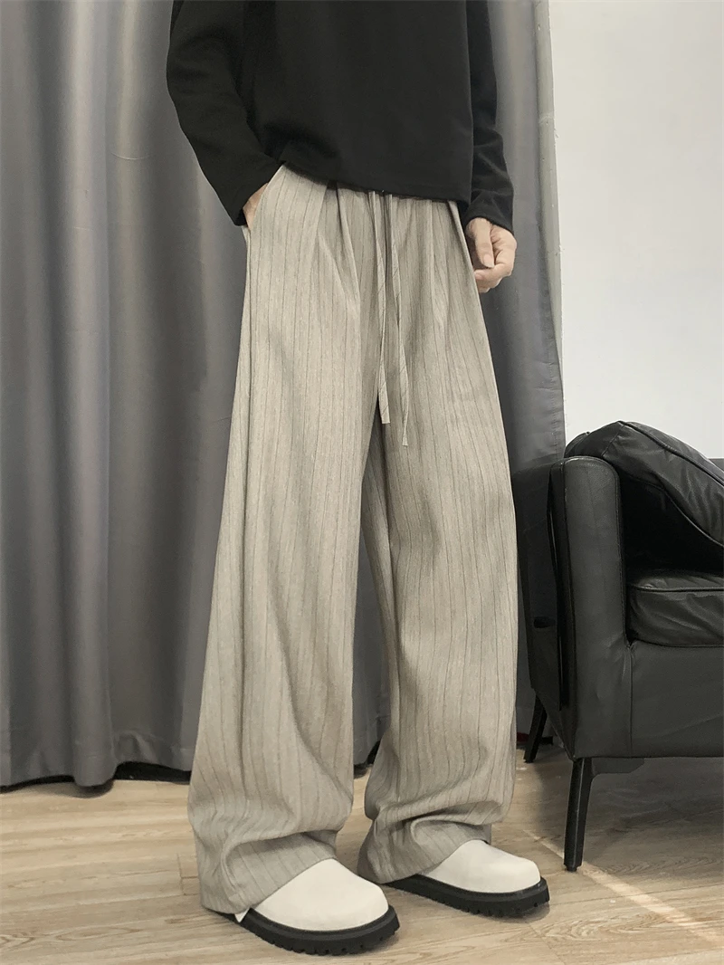 Cleanfit Men's Wide Leg Pants Old Money Style Casual Stripe Design Drapey Loose Fit Autumn Season Polyester Fiber Youthwear