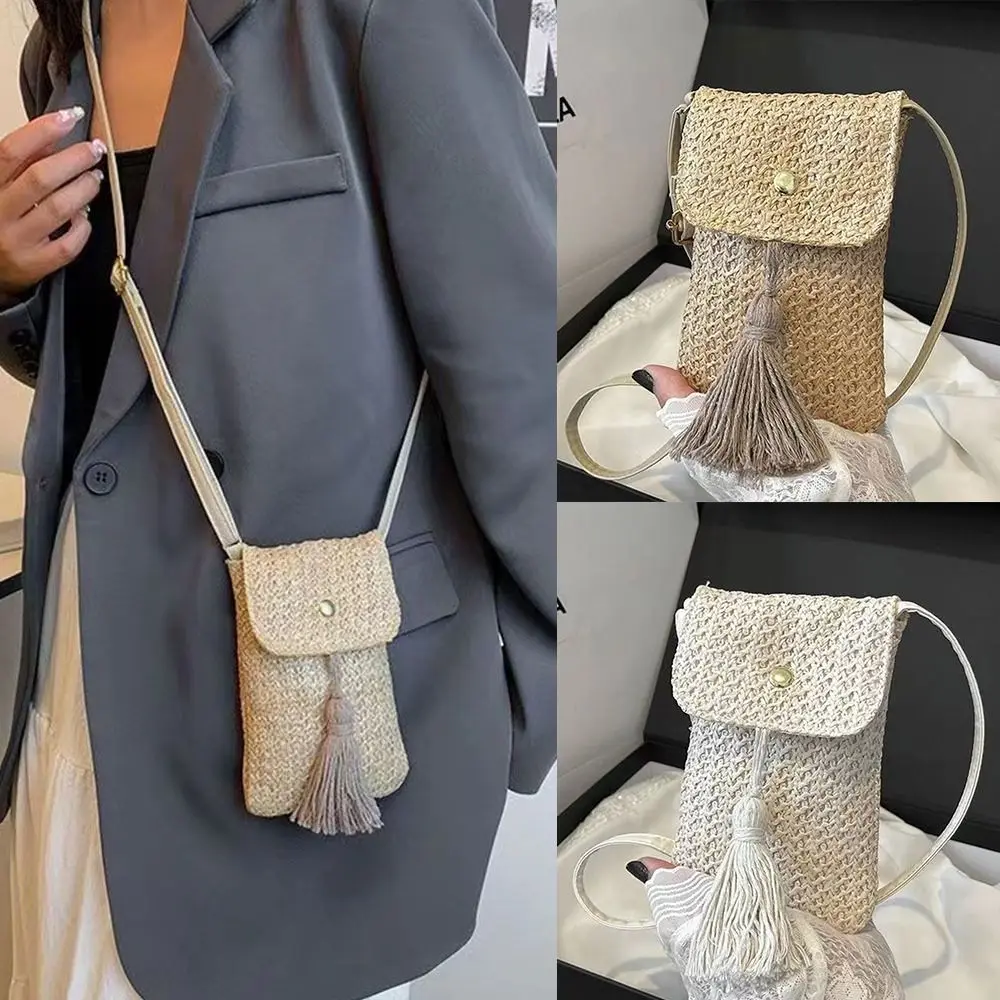Fashionable Braided Women Straw Beach Bag Mini Bohemian Style Crossbody Bag Mobile Phone Bag Summer