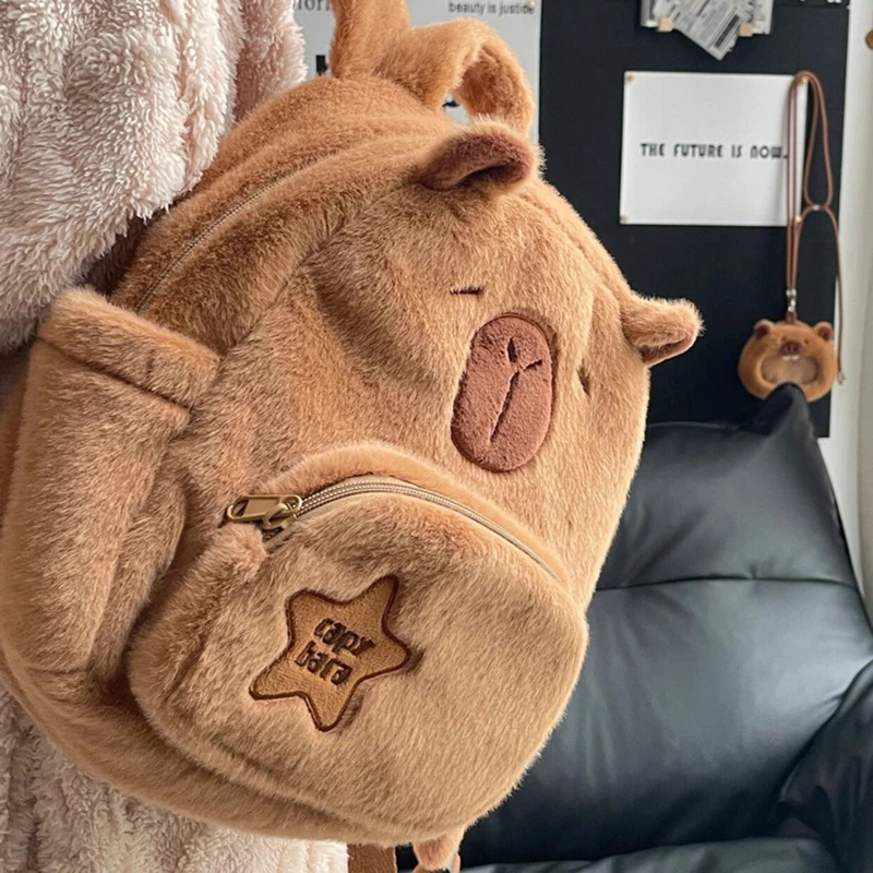 Saco capivara bonito dos desenhos animados para mulheres e meninas, grande capacidade, mochila de pelúcia exclusiva, mochila casual versátil de viagem