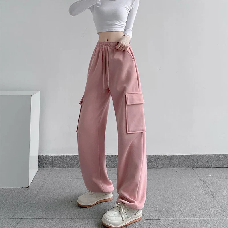 

Rimocy Korean Fashion Pink Cargo Pants Women Solid Color Elastic Waist Baggy Sports Pants Woman Wide Leg Loose Casual Trousers