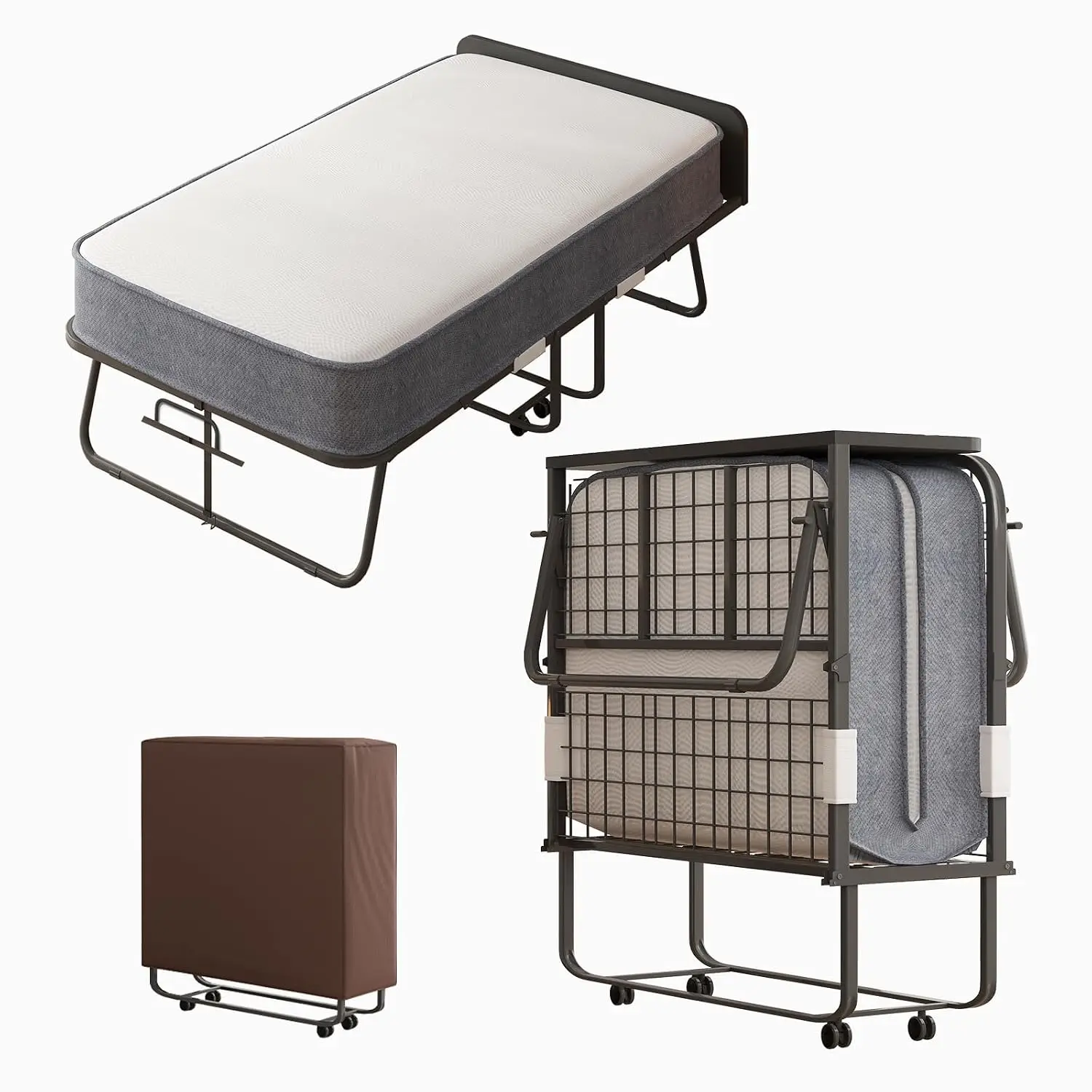 Folding Rollaway Bed Steel Frame Lockable Wheels 75