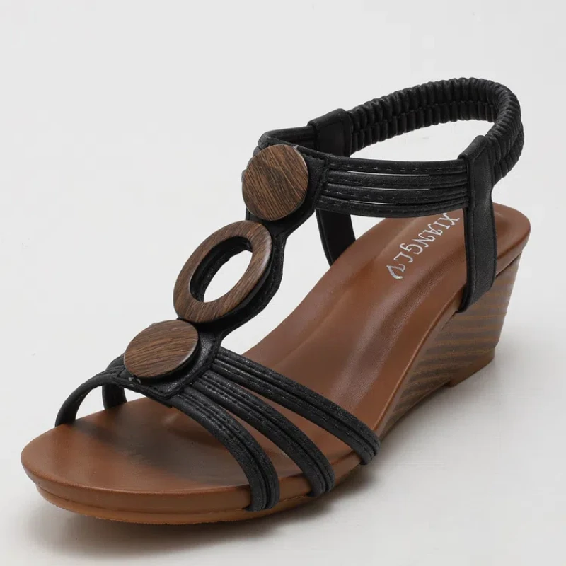 Cunhas plataforma antiderrapante casual de PU para mulheres, elástico macio, salto alto, sapatos de festa, luxo, 5cm, verão, 2022, sandálias boémia