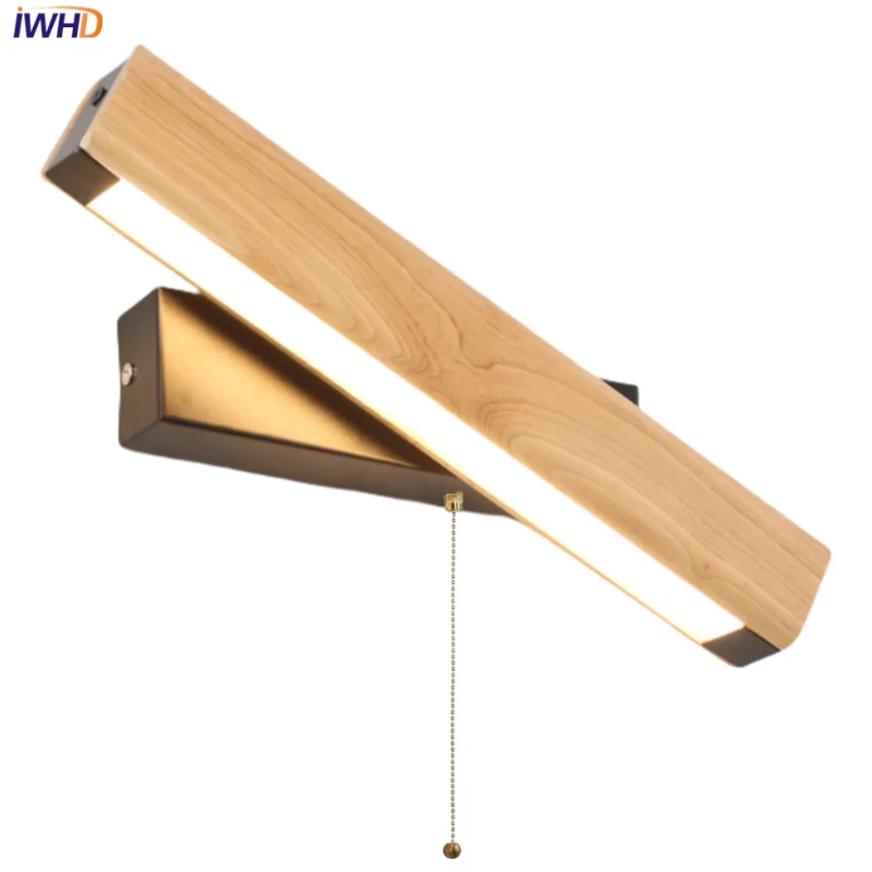 

IWHD 360° Rotatable Nordic LED Wall Lamps Sconce Pull Chain Switch Coffee Bar Brdroom Wood Modern Simple Stair Light Fixtures