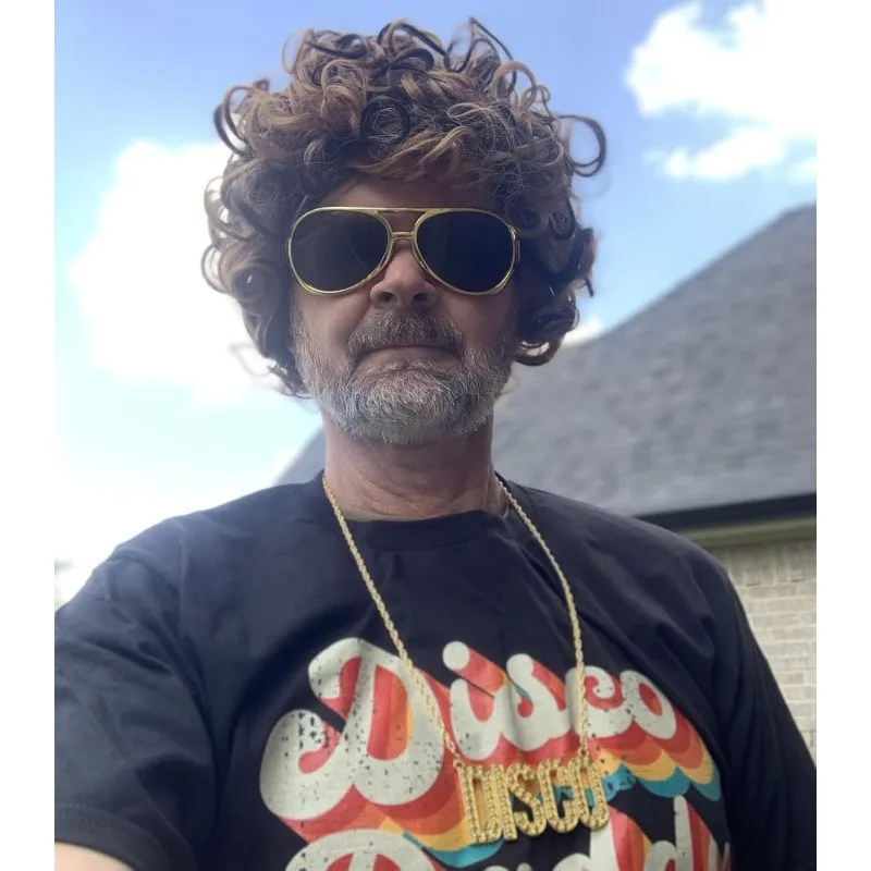 70s 80s Disco Costume Wig Set-Afro Curly Wig with Mustache Sunglasses & Disco Necklace,Halloween Party Cosplay Outfit Accessory view 5
