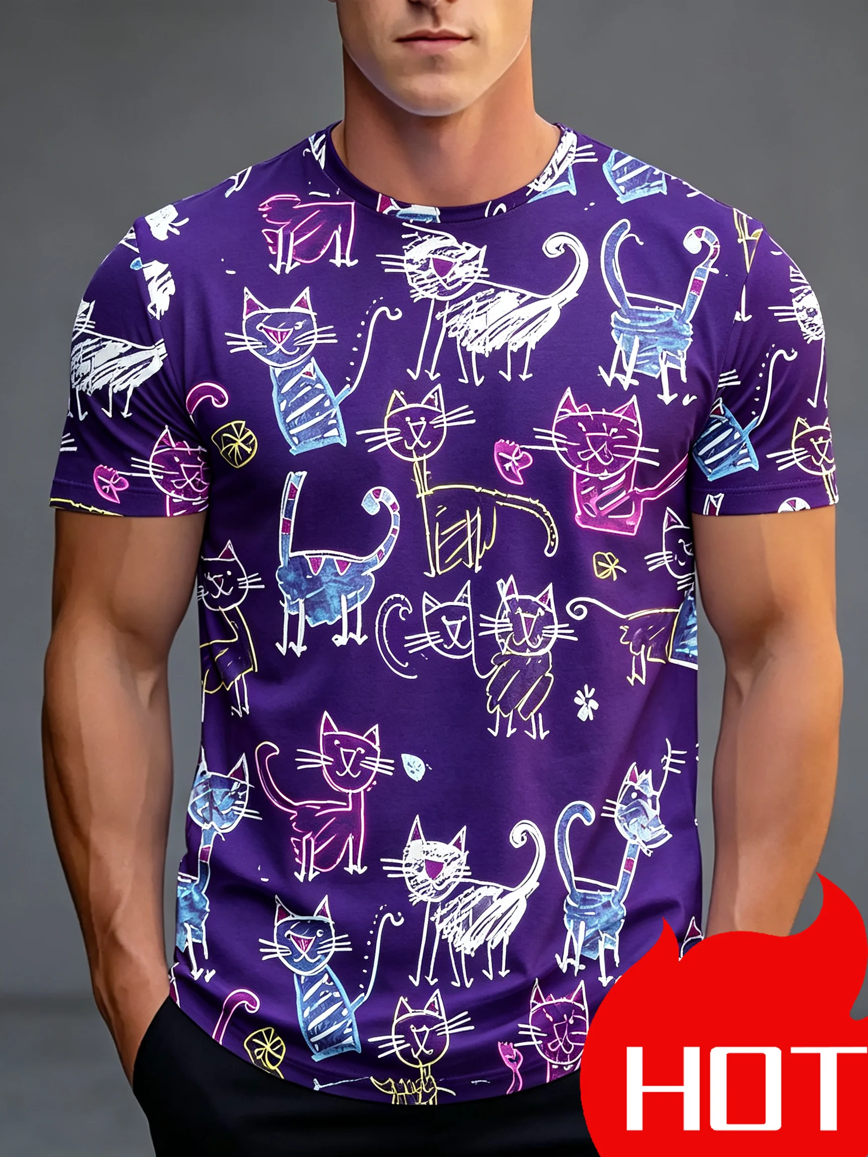 Men Doodle Cats All Over Print T-Shirt Cute Cartoon Animal O-Neck Short Sleeve Casual Tee Summer Hot Selling Fashionable Top