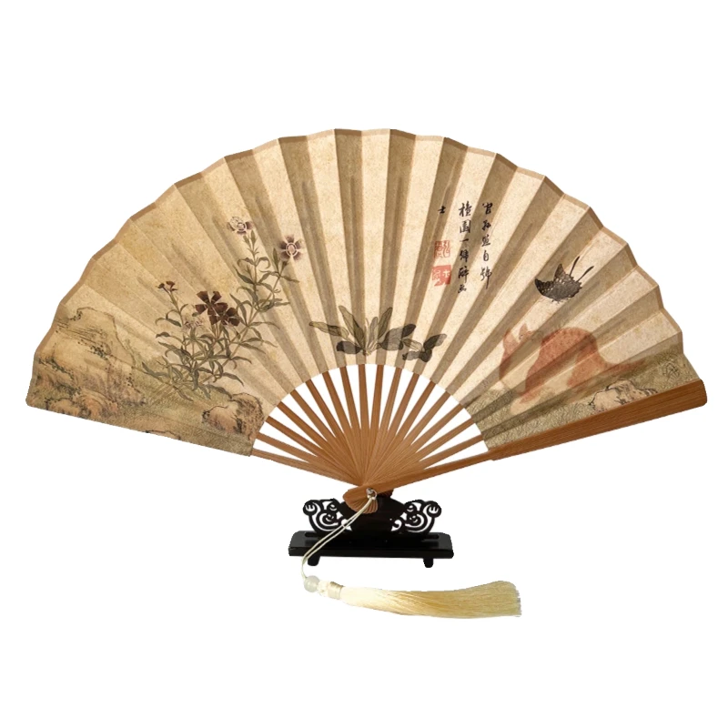 Double Side Folding Fan with Cat Butterfly Pattern Portable Summer Cooling Daily Fan for Men Women Hanfu Cheongsam Gift