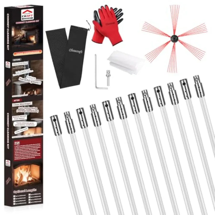 

Набор для чистки дымоходов: 12 гибких белых трубчатых щеток и вращающаяся щетка для очистки камина