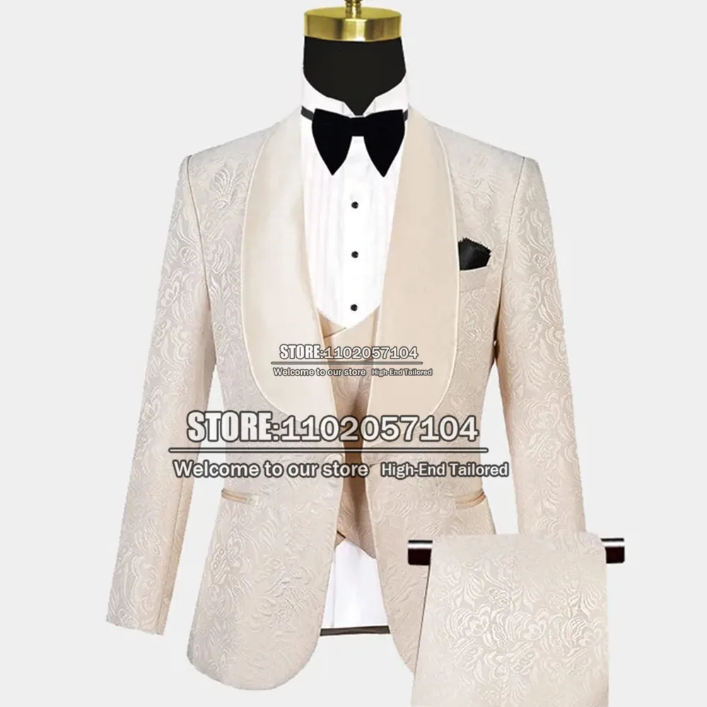 

Spring/Autumn Floral Men Suits 3 Pieces Formal Wedding Tuxedo Champagnes Pattern Jacket+Vest+Pants Groom Wear Blazer Sets 2022