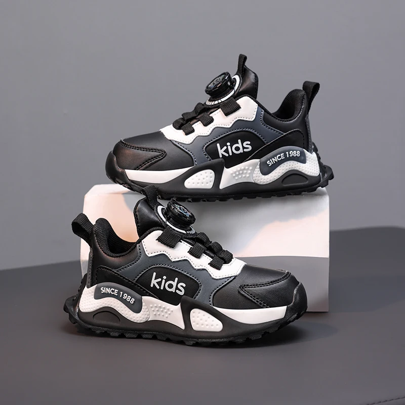 Boys Rotating Button Sneakers Breathable Mesh Leather Upper Non Slip Chunky Sole Kids Outdoor Training Running Sports Shoes