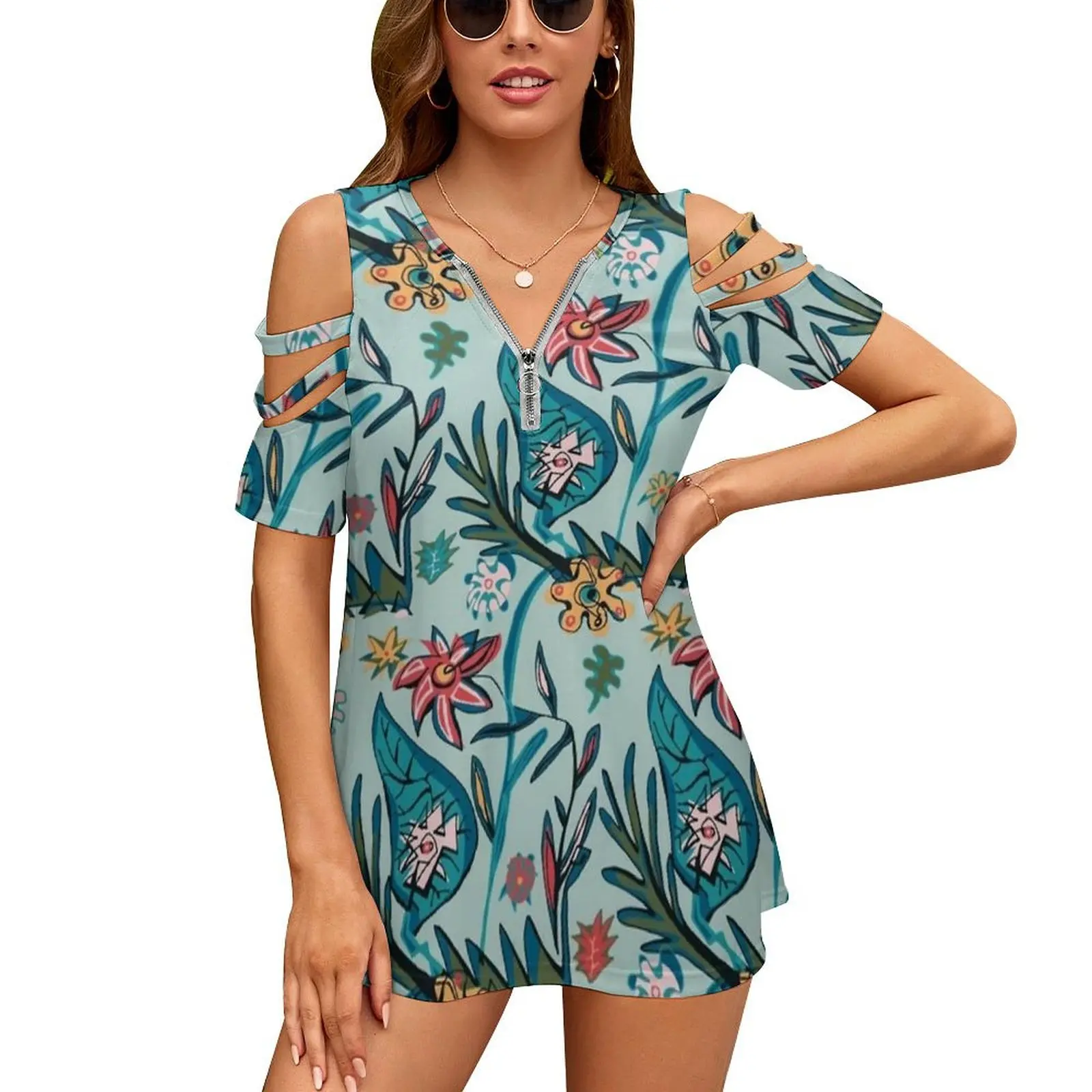 Vintage Aqua Floral New Fashion Zip Off Shoulder Top Short-Sleeve Women Shirt Floral Flowers Pattern Vintage Aqua Green Garden