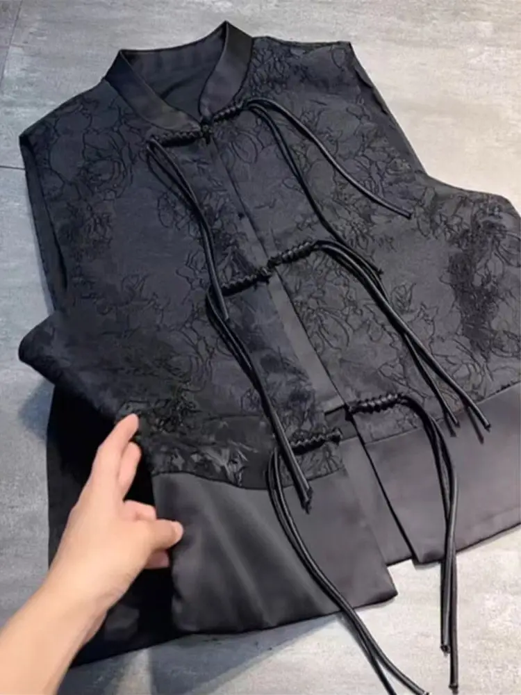 

Jacquard Tassels Vest Women Black Sleeveless Embroidered Tops Chinese Style Ethnic Vintage Tang Vest