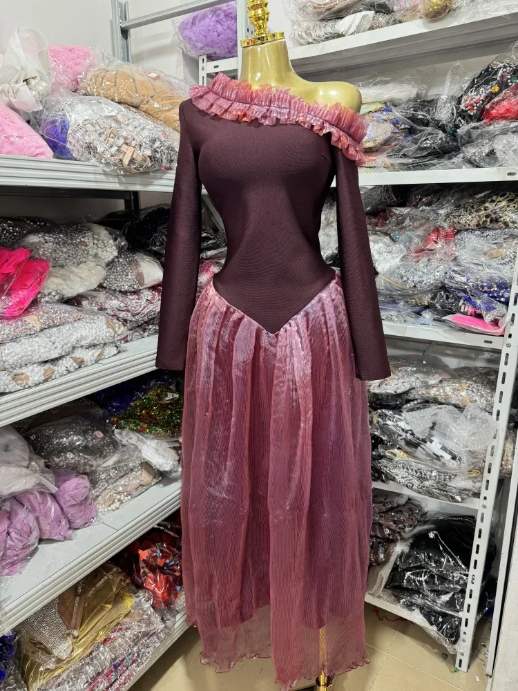 

Ruffle Design Hollow Off Shoulder Casual Long Dress Elegant Diagonal Collar Long Sleeve Spring Dress Lady Simple Party Dress