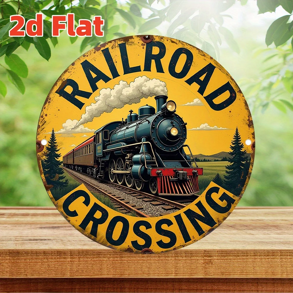 Vintage Metal Railroad Crossing Sign in a Flat 2D Design - Perfect for Wall Decoration, Round Hanging Ornament Suitable for Home